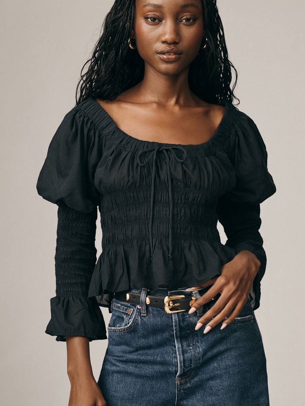 Anthropologie Black Long-Sleeve Smocked Babydoll Peasant Top Romantic-S
